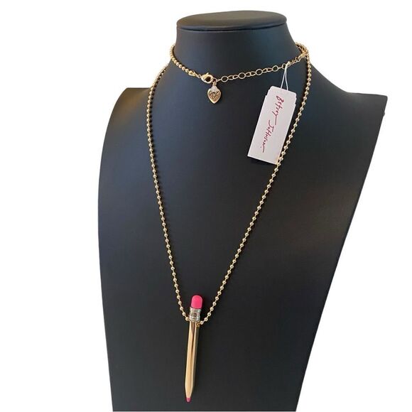 Betsey Johnson Gold Toned Pencil Necklace Complete with/ Hot Pink Eraser & Tip - Picture 3 of 6